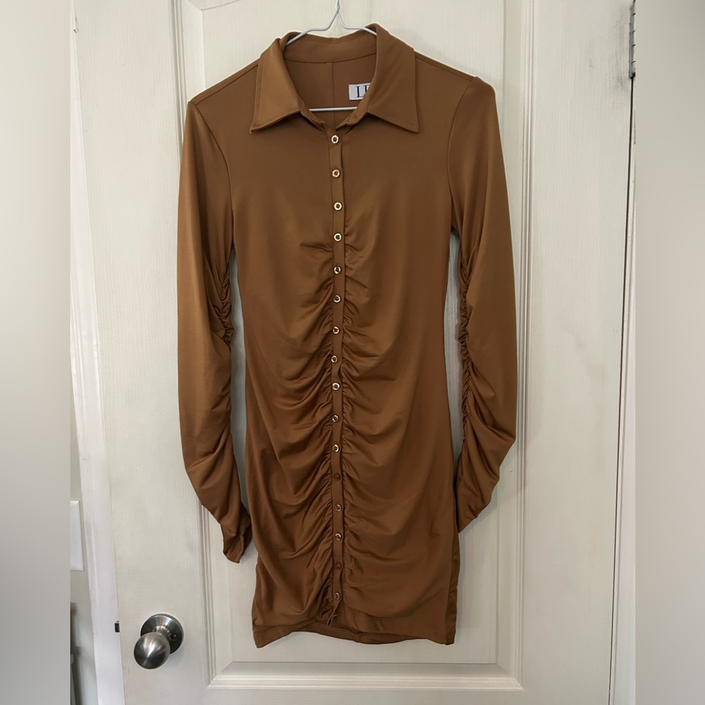 Leau Ruched Brown Mini Dress